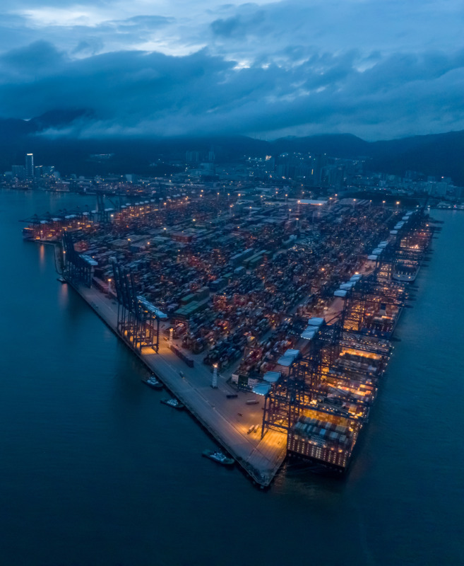 Aerial view of container terminal at night